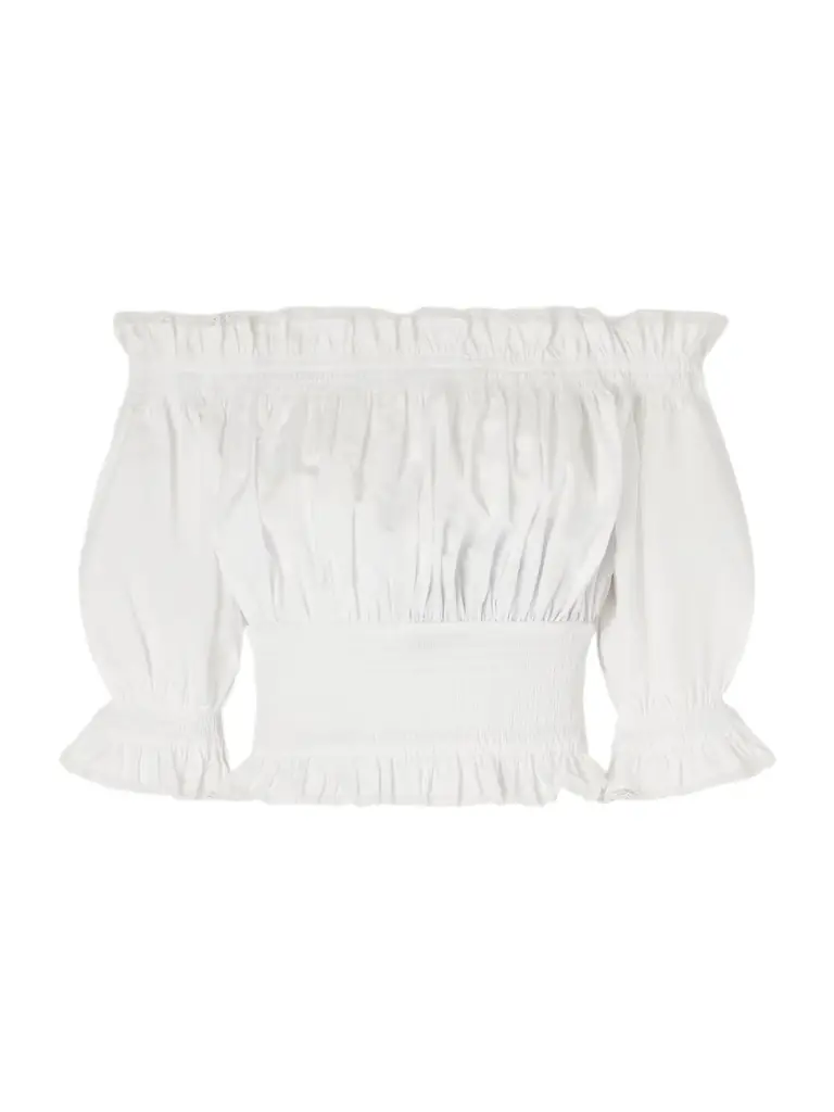 Dolce & Gabbana Off-the-shoulder Lace-trimmed Shirred Cotton-blend Poplin Top