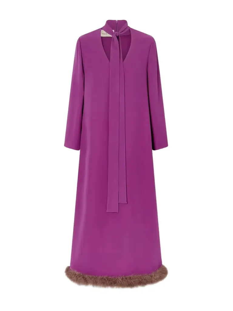 Valentino Garavani Tie-detailed Feather-trimmed Cady Midi Dress