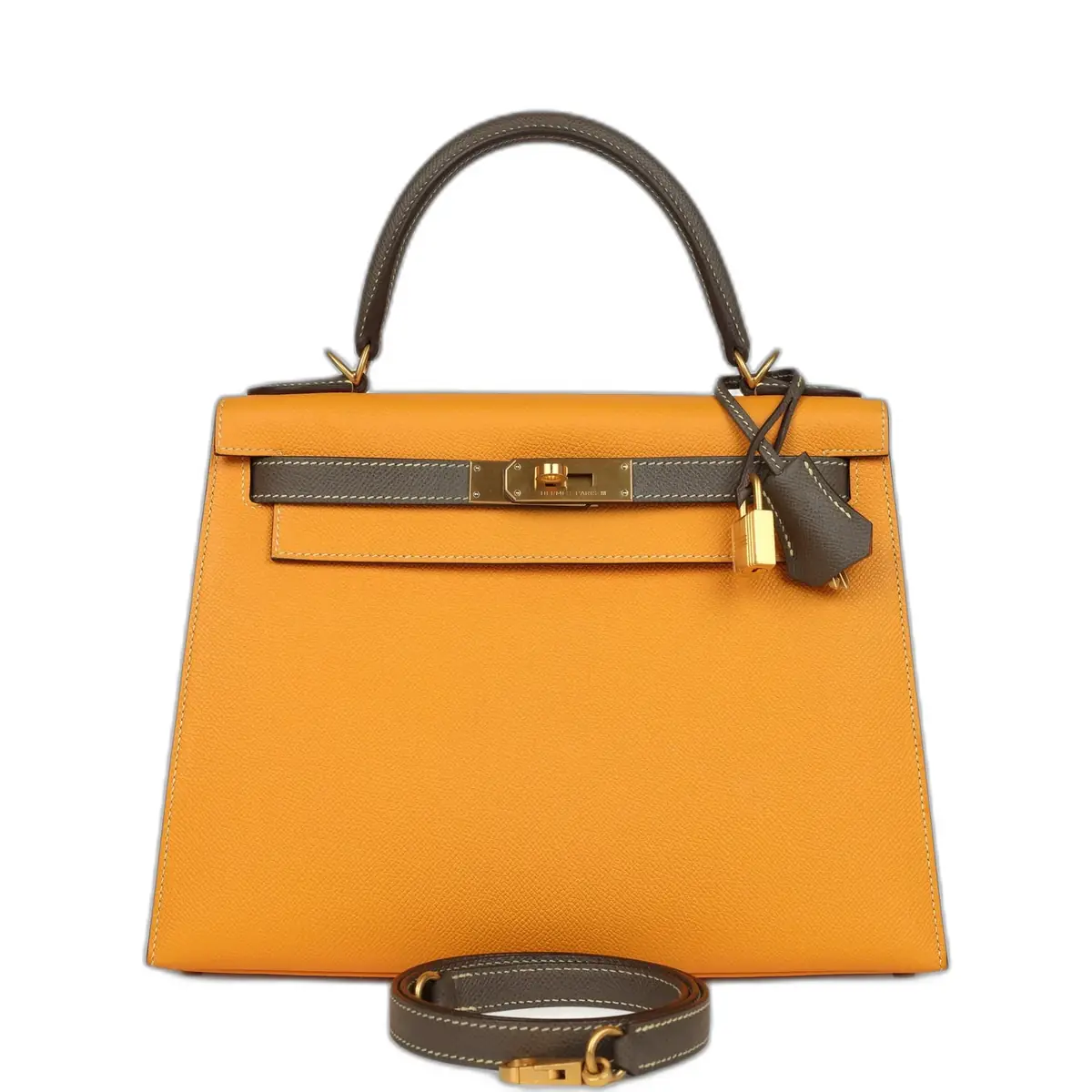 hermes Pre-owned Hermes Special Order (HSS) Kelly Sellier 28 Jaune Ambre and Etoupe Epsom Brushed Gold Hardware