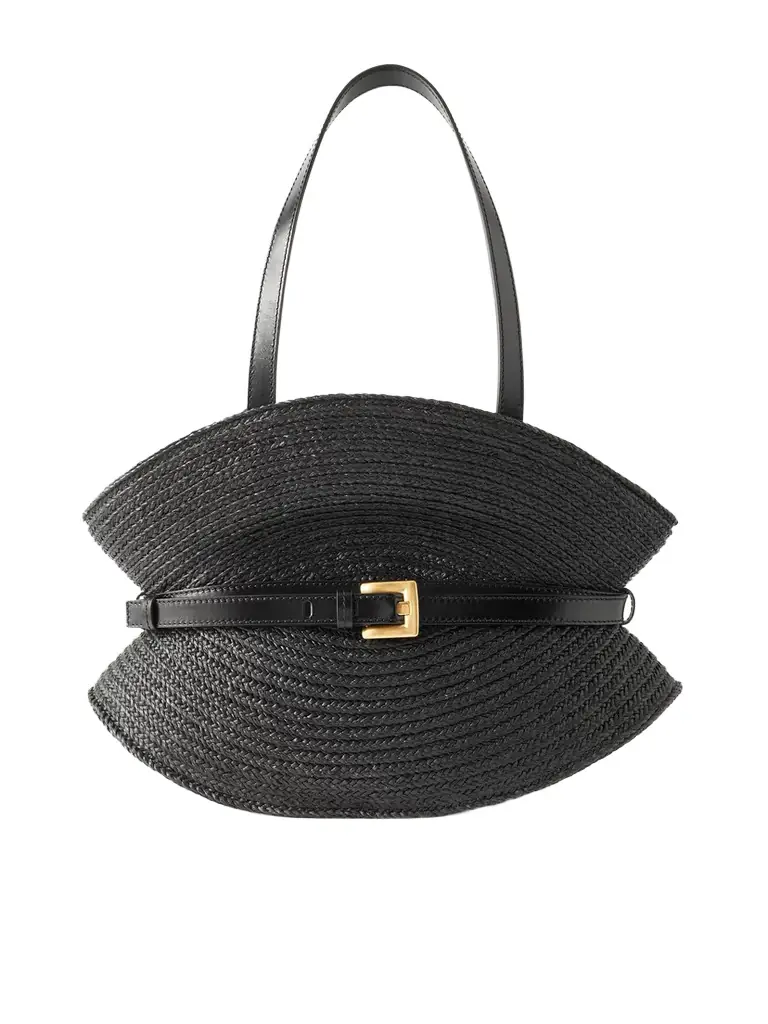 Balmain Shuffle Medium Buckled Leather-trimmed Raffia Shoulder Bag