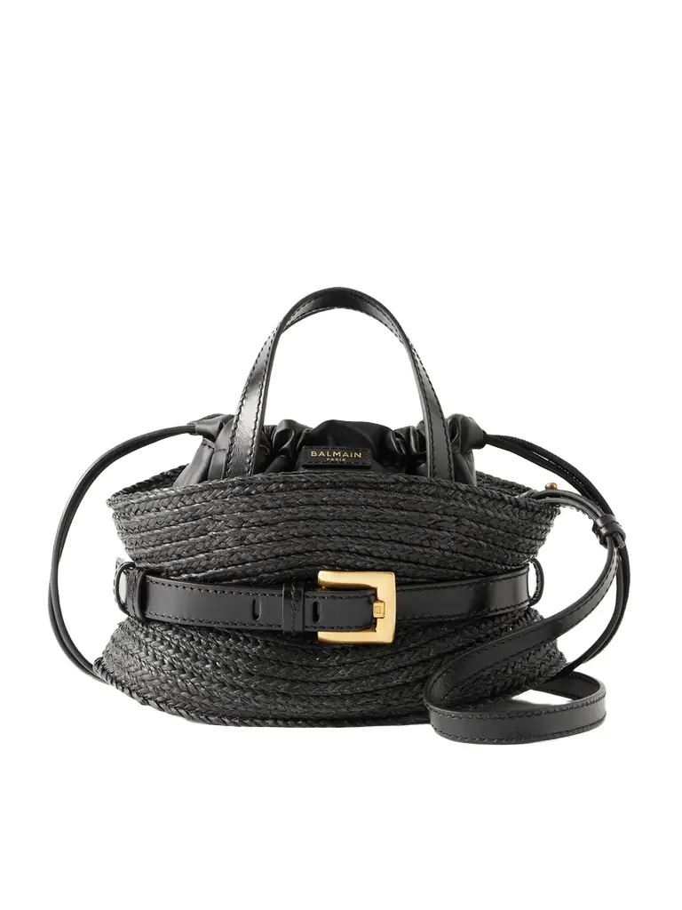 Balmain Shuffle Mini Buckled Leather-trimmed Raffia Shoulder Bag