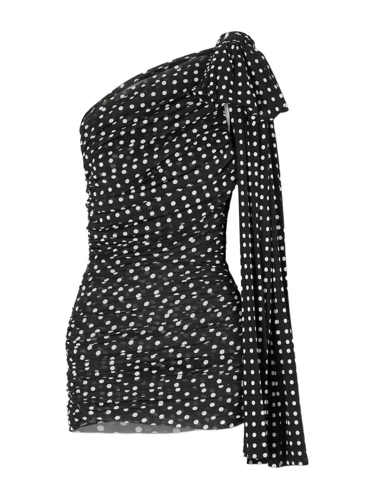 Patou One-shoulder Draped Polka-dot Jersey Mini Dress