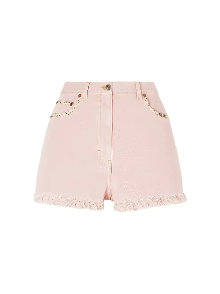 Valentino Garavani Frayed Embellished Cotton And Linen-blend Denim Shorts