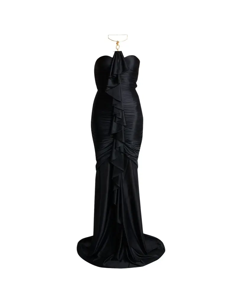 Balmain Gathered Ruffle Chain Halter Mermaid Gown