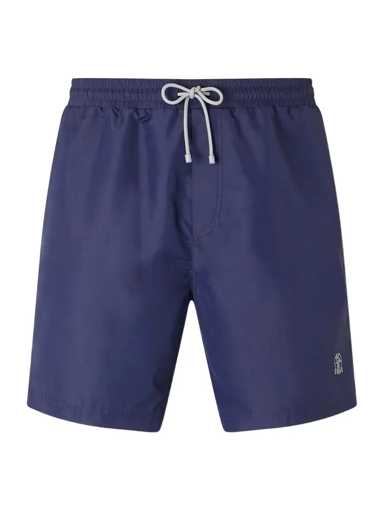 Brunello Cucinelli Straight-Leg Mid-Length Logo-Embroidered Swim Shorts - Men