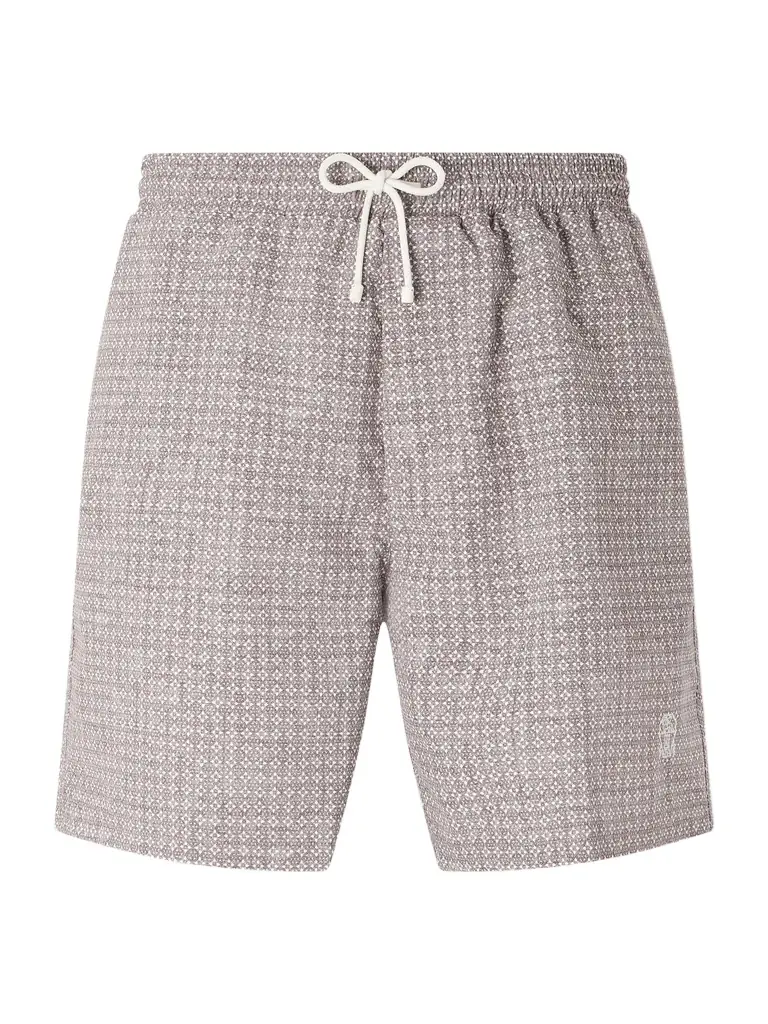 Brunello Cucinelli Straight-Leg Mid-Length Logo-Embroidered Printed Swim Shorts - Men