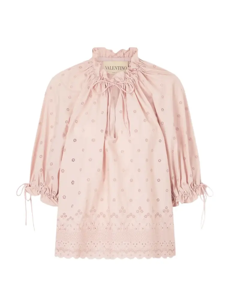Valentino Garavani Tie-detailed Gathered Broderie Anglaise Cotton Blouse
