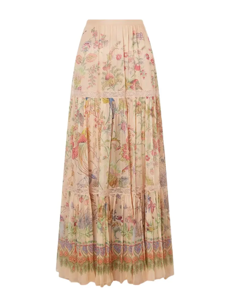 Etro Tiered Pleated Lace-trimmed Printed Silk Maxi Skirt