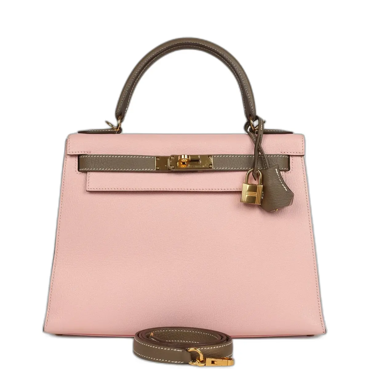 hermes Pre-owned Hermes Special Order (HSS) Kelly Sellier 28 Rose Sakura and Etoupe Chevre Gold Hardware