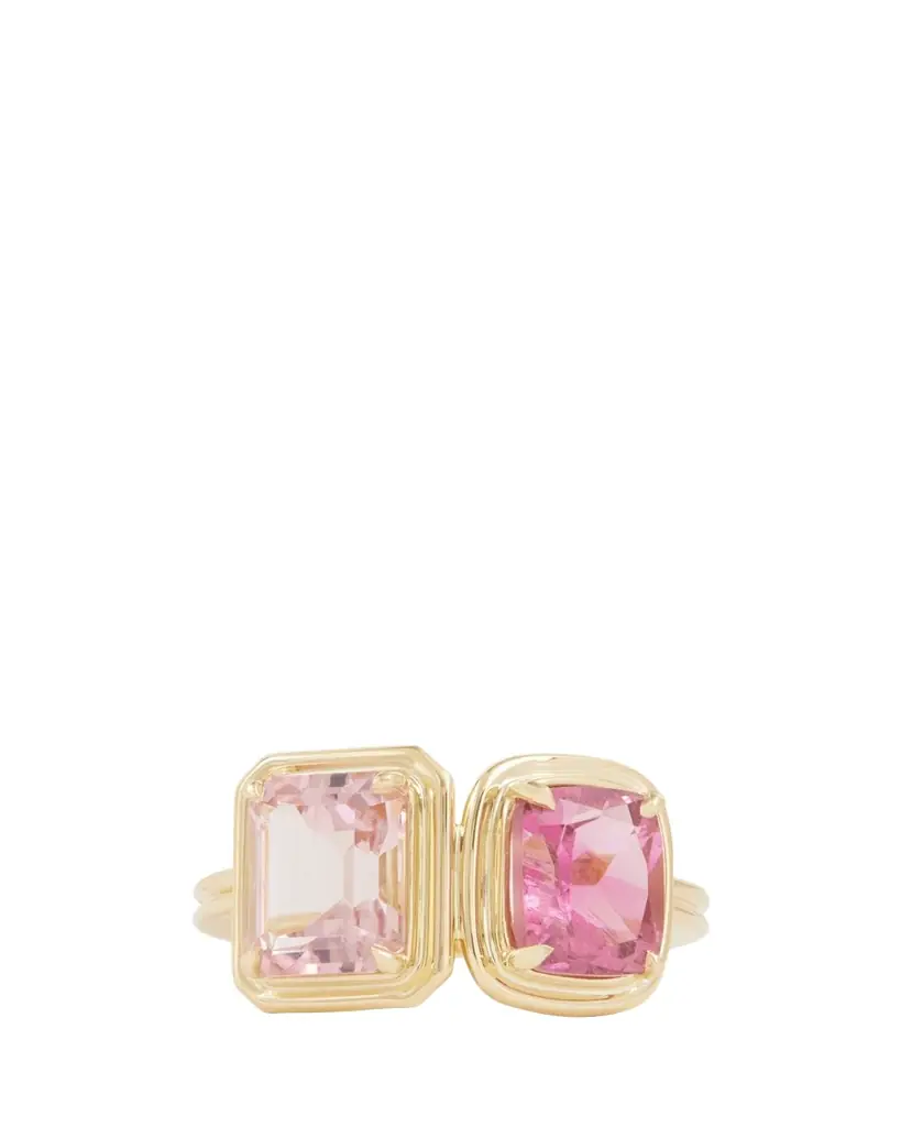 Jamie Wolf 18K Yellow Gold Emerald and Cushion Cut Pink Tourmaline Ring with Double Band