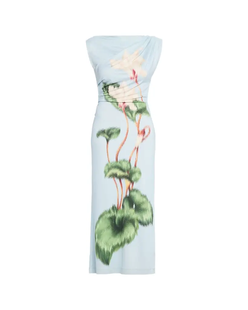 Oscar de la Renta Chinese Cyclamen-Print Draped Jersey Maxi Dress