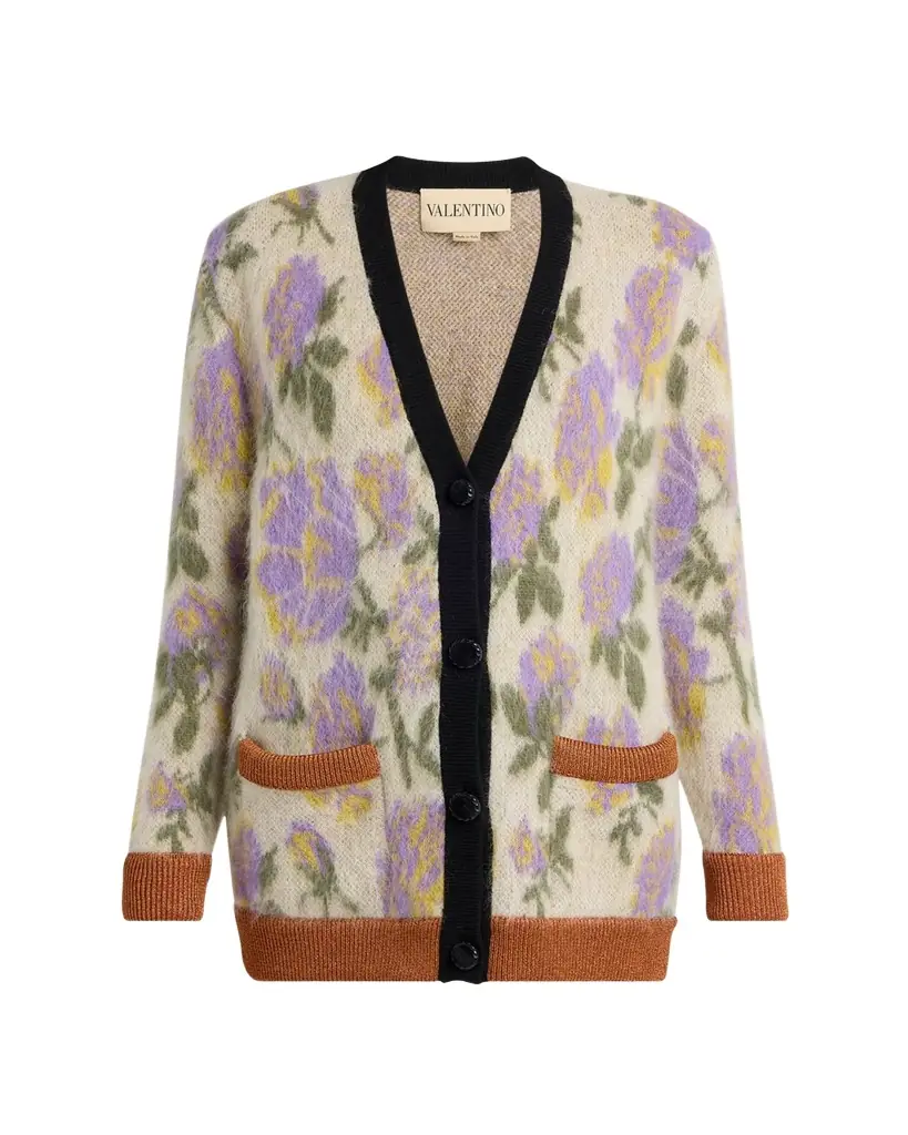 Valentino Garavani Floral-Print Mohair V-Neck Cardigan