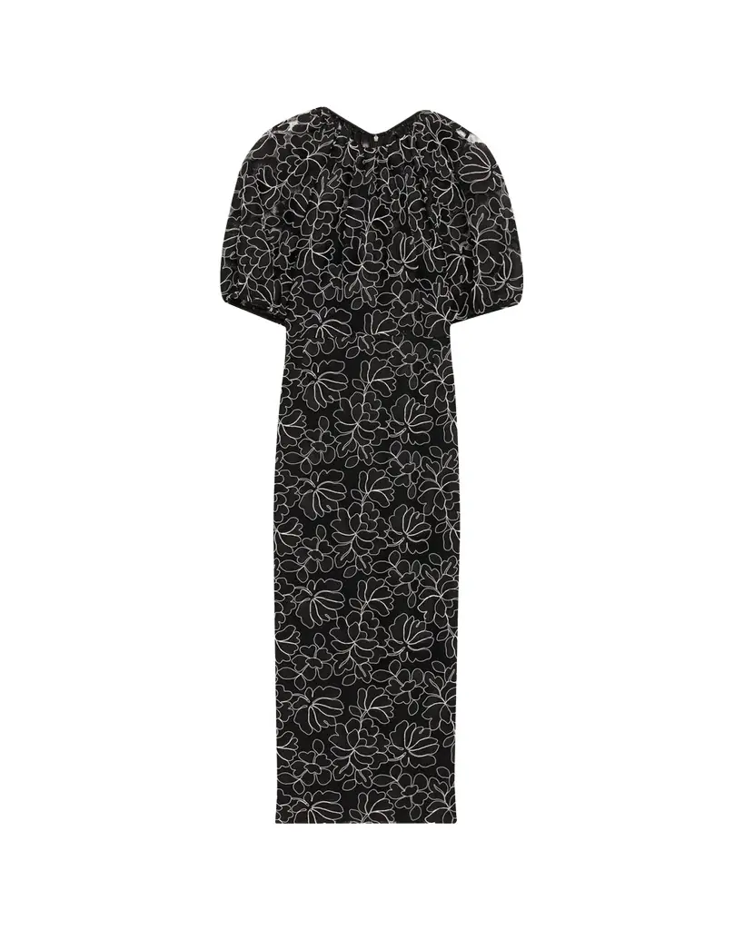 Lela Rose Floral Lace Puff-Sleeve Midi Sheath Dress