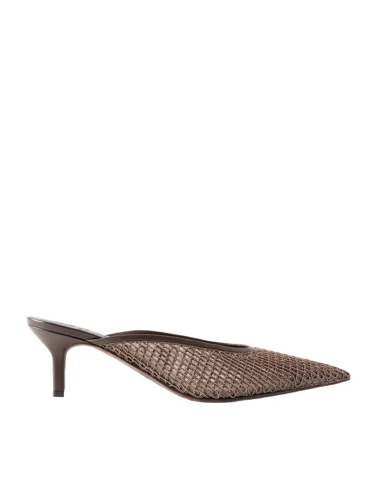 Brunello Cucinelli 55 Bead-embellished Leather-trimmed Mesh Mules