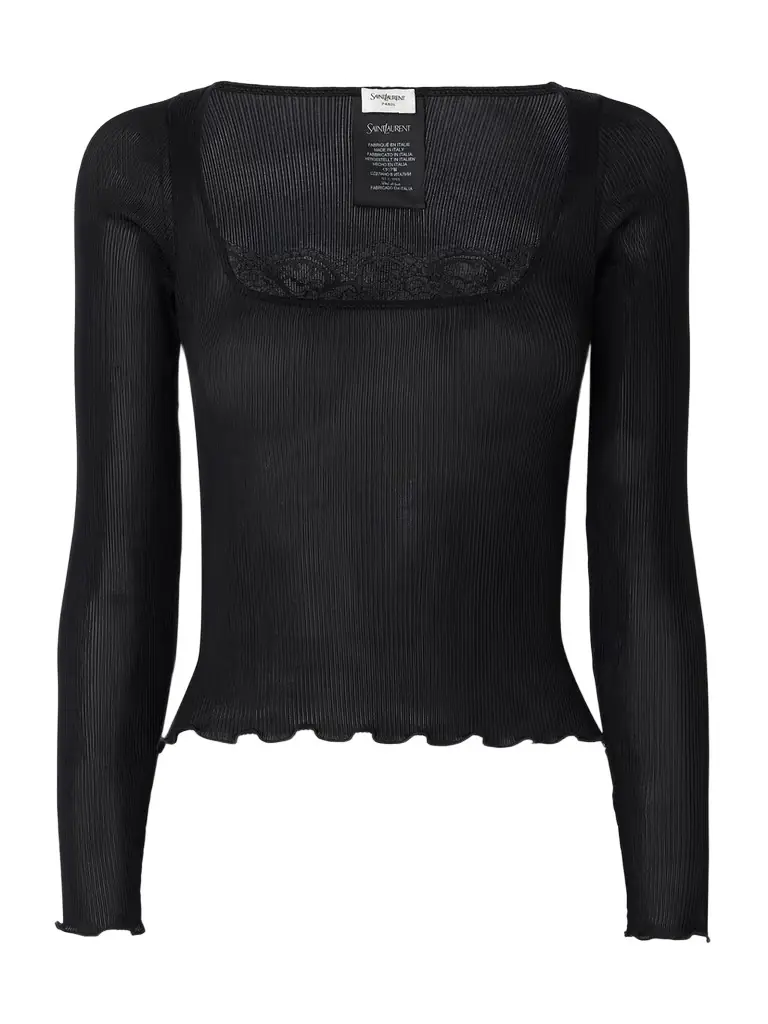 Saint Laurent Lace-trimmed Ribbed Silk Top