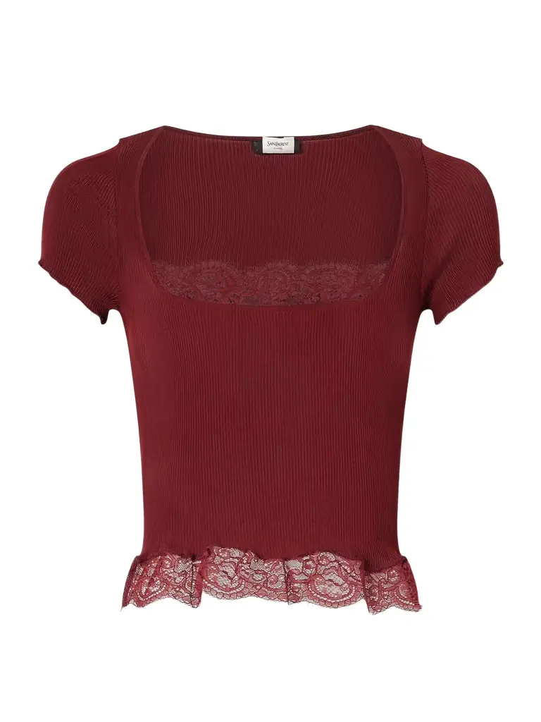 Saint Laurent Cropped Leavers Lace-trimmed Ribbed Silk-jersey Top