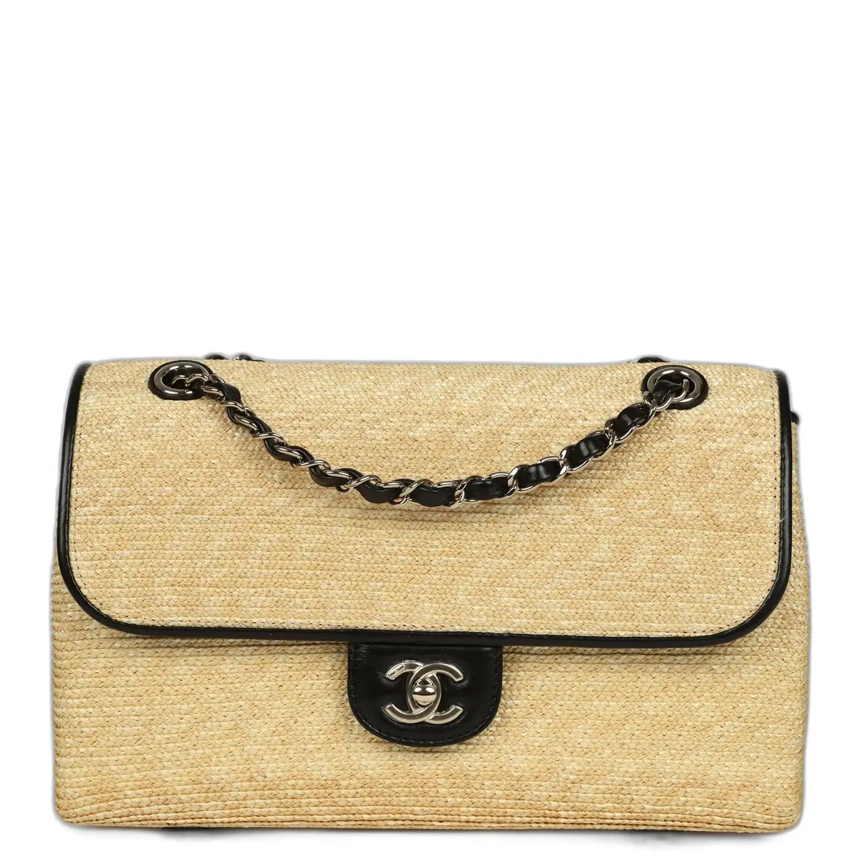 Chanel Chanel Large Flap Bag Beige Raffia and Black Lambskin Light Gold Hardware