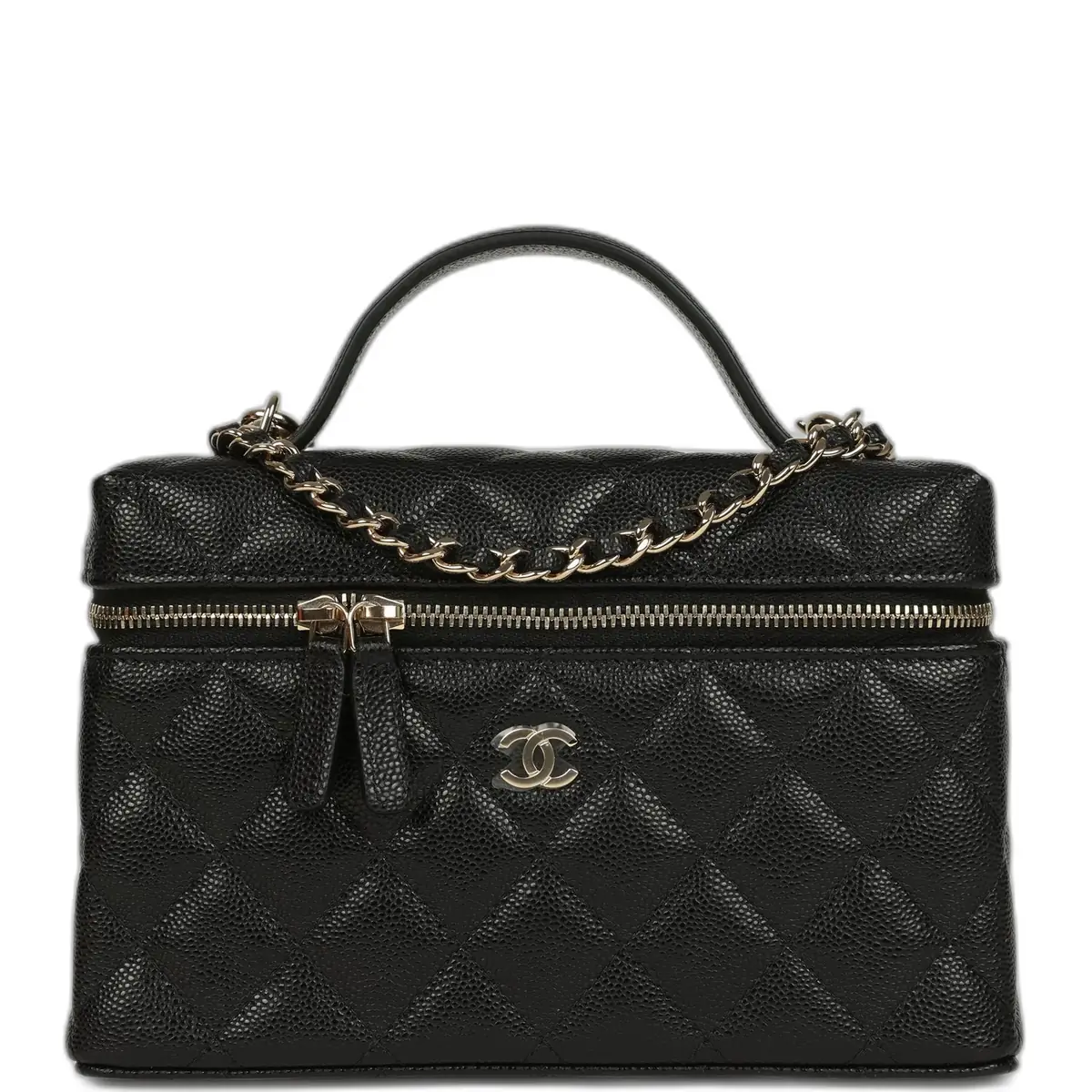 Chanel Chanel Top Handle Long Vanity Case with Chain Black Caviar Light Gold Hardware