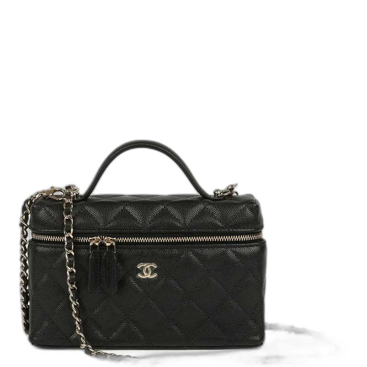 Chanel Chanel Top Handle Long Vanity Case with Chain Black Caviar Light Gold Hardware