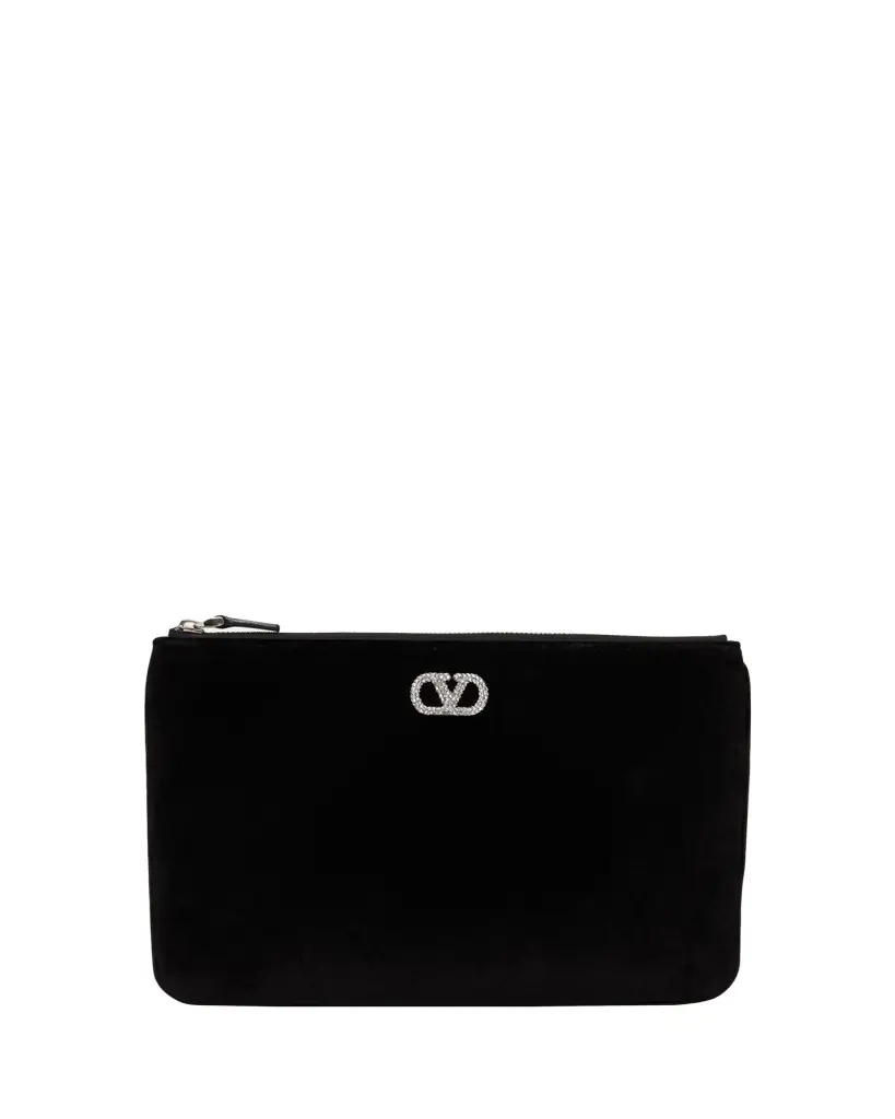 Valentino Garavani Medium Crystal VLogo Velvety Flat Pouch Bag