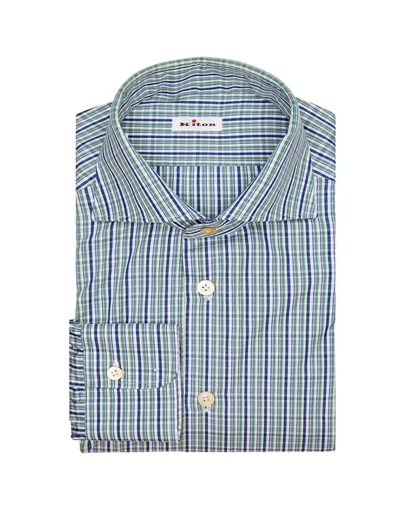 Kiton Men's Graph Check Cotton Spread Collar Dress Shirt
