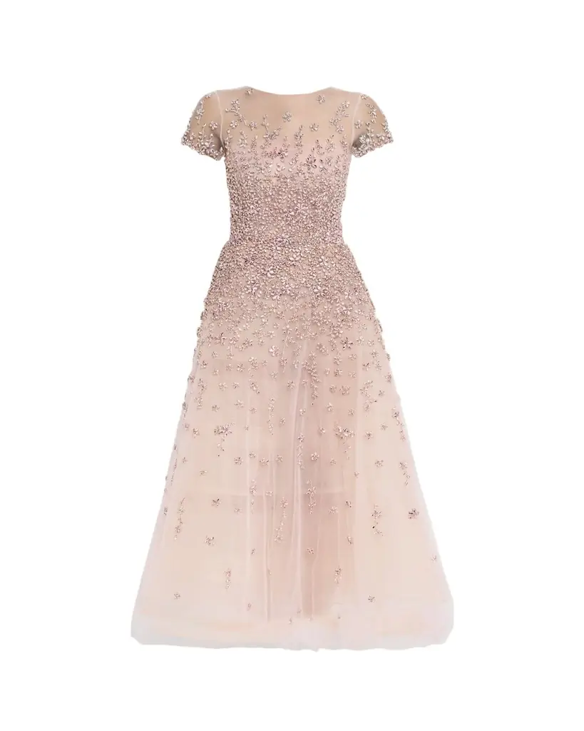 Oscar de la Renta Degrade Crystal Cap-Sleeve Midi Cocktail Dress