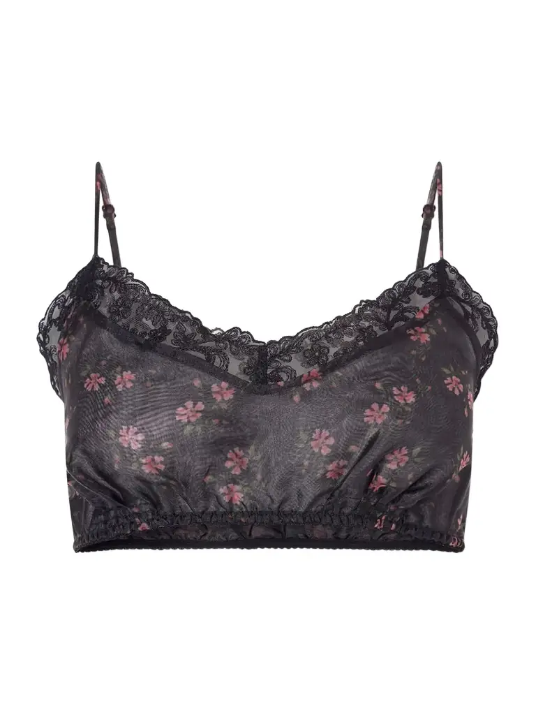 Simone Rocha Cropped Lace-trimmed Floral-print Organza Top