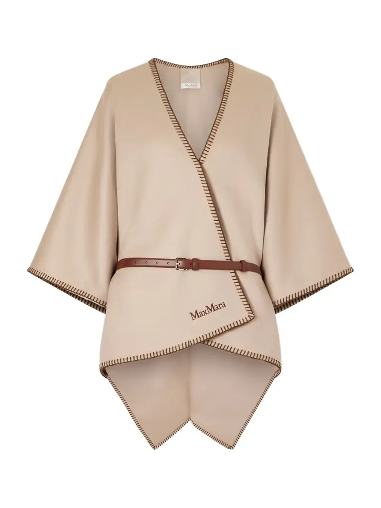 Max Mara Belted Whipstitched Embroidered Wool Cape