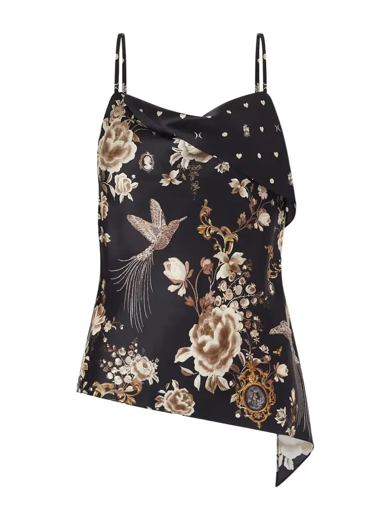 Camilla Asymmetric Draped Embellished Embroidered Printed Silk-satin Top