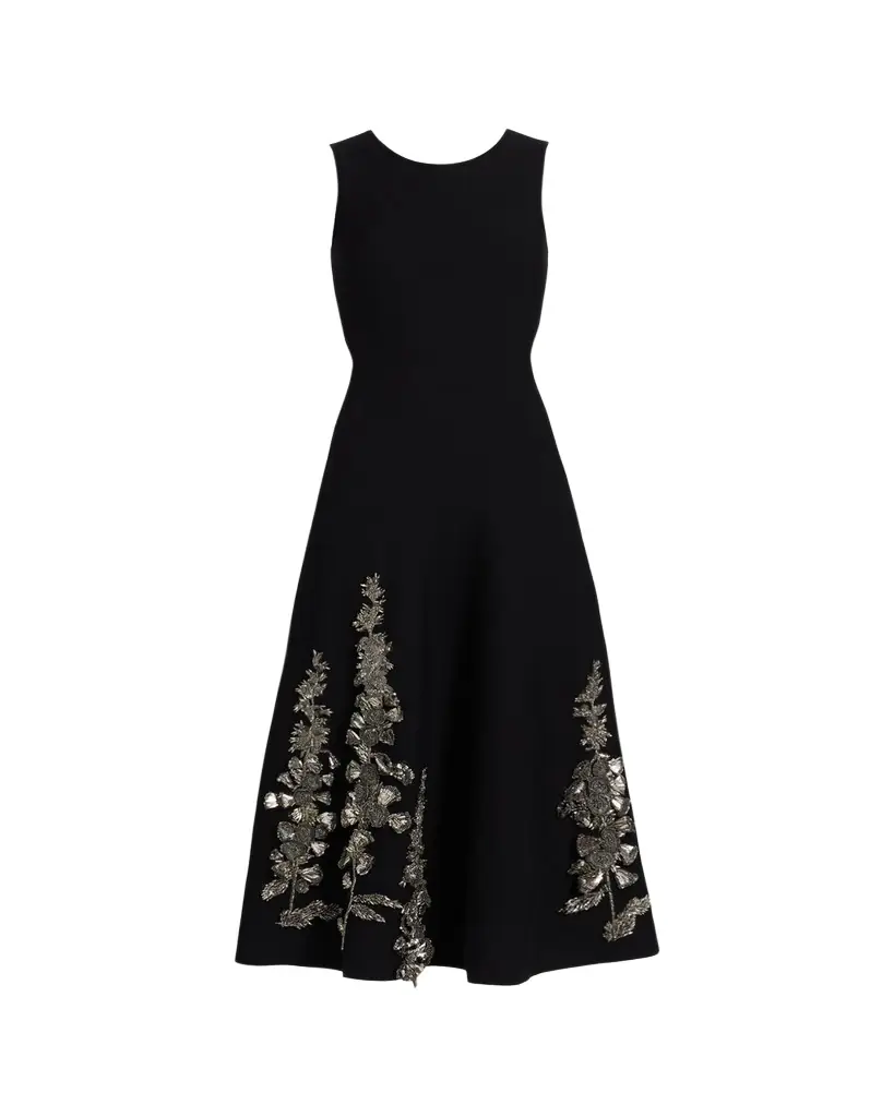 Oscar de la Renta Embroidered Foxglove Sleeveless Midi Dress