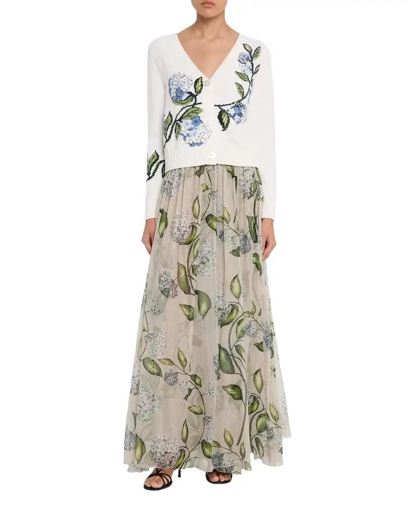 Oscar de la Renta Porcelain Flower Chiffon Maxi Skirt
