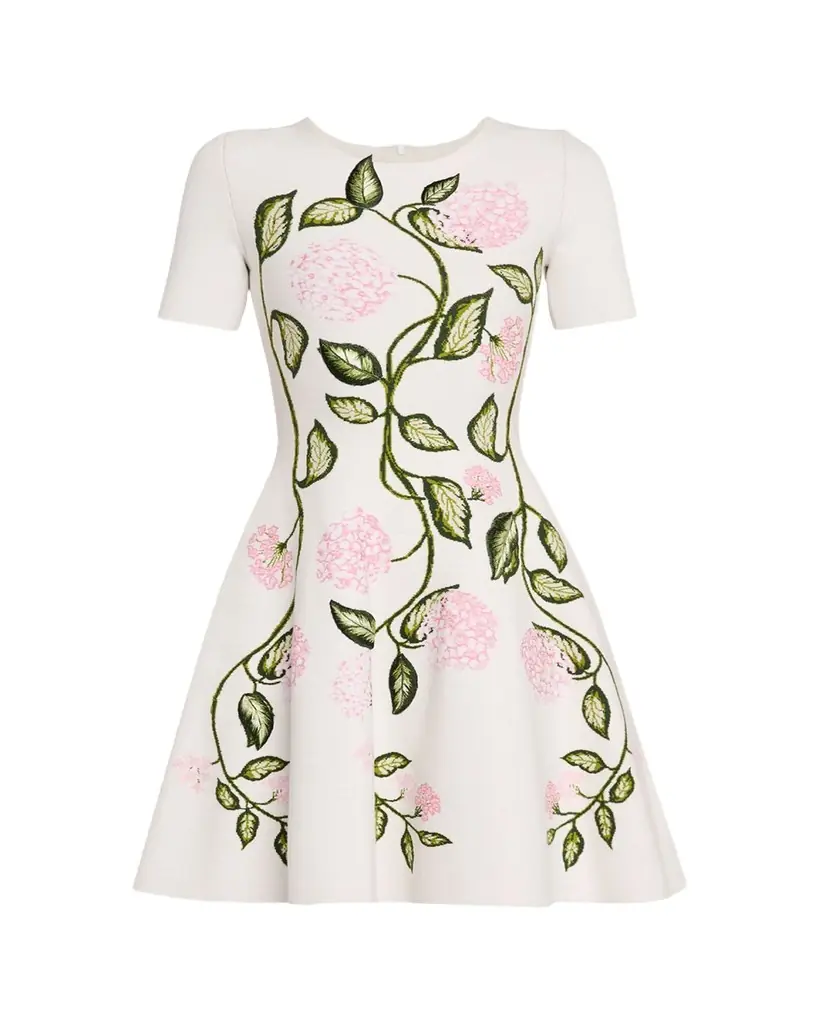 Oscar de la Renta Short-Sleeve Porcelain Flower Knit Mini Dress