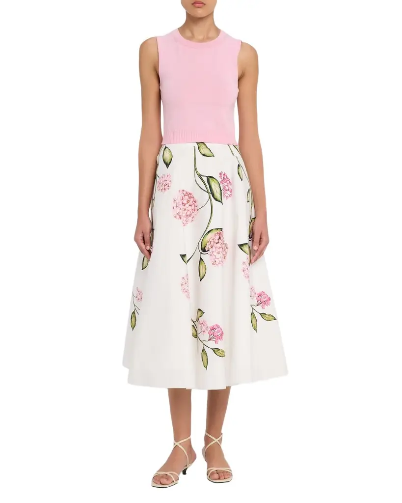 Oscar de la Renta Porcelain Flower Cotton Poplin Midi Skirt
