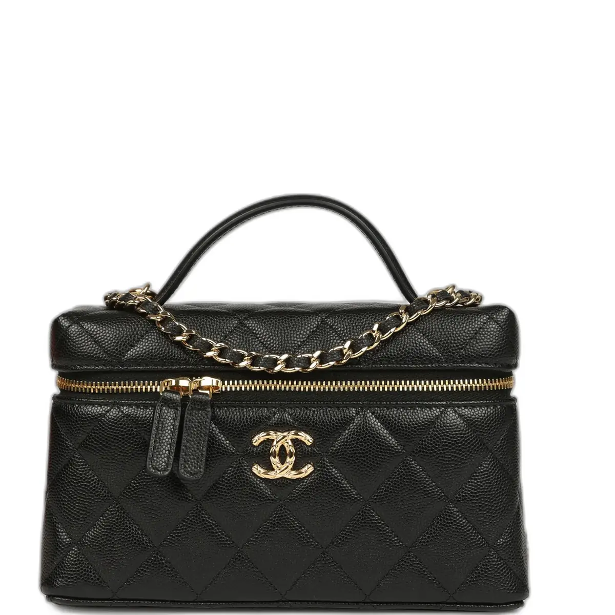 Chanel Chanel Top Handle Long Vanity Case with Chain Black Shiny Caviar Gold Hardware
