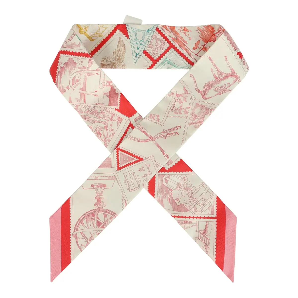 hermes Hermes "Le Philateliste Du Faubourg" Rose and Rouge Multi Silk Twilly Pair
