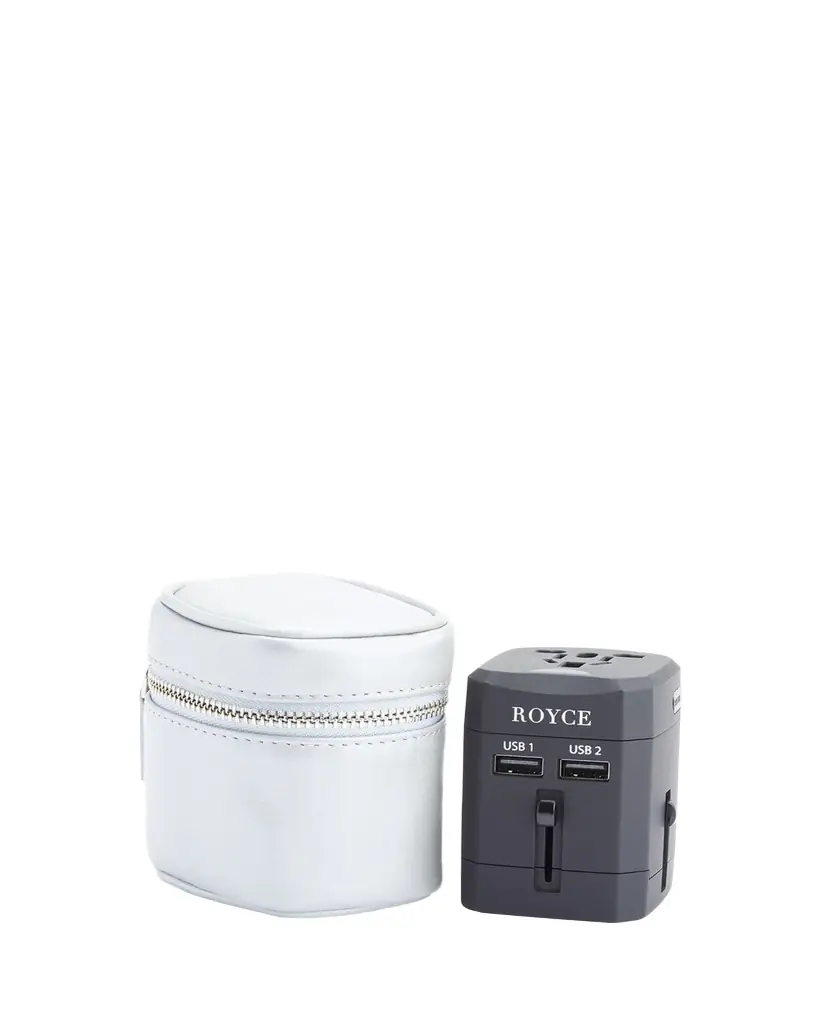 ROYCE New York International Travel Adapter & Monogrammed Leather Case Set