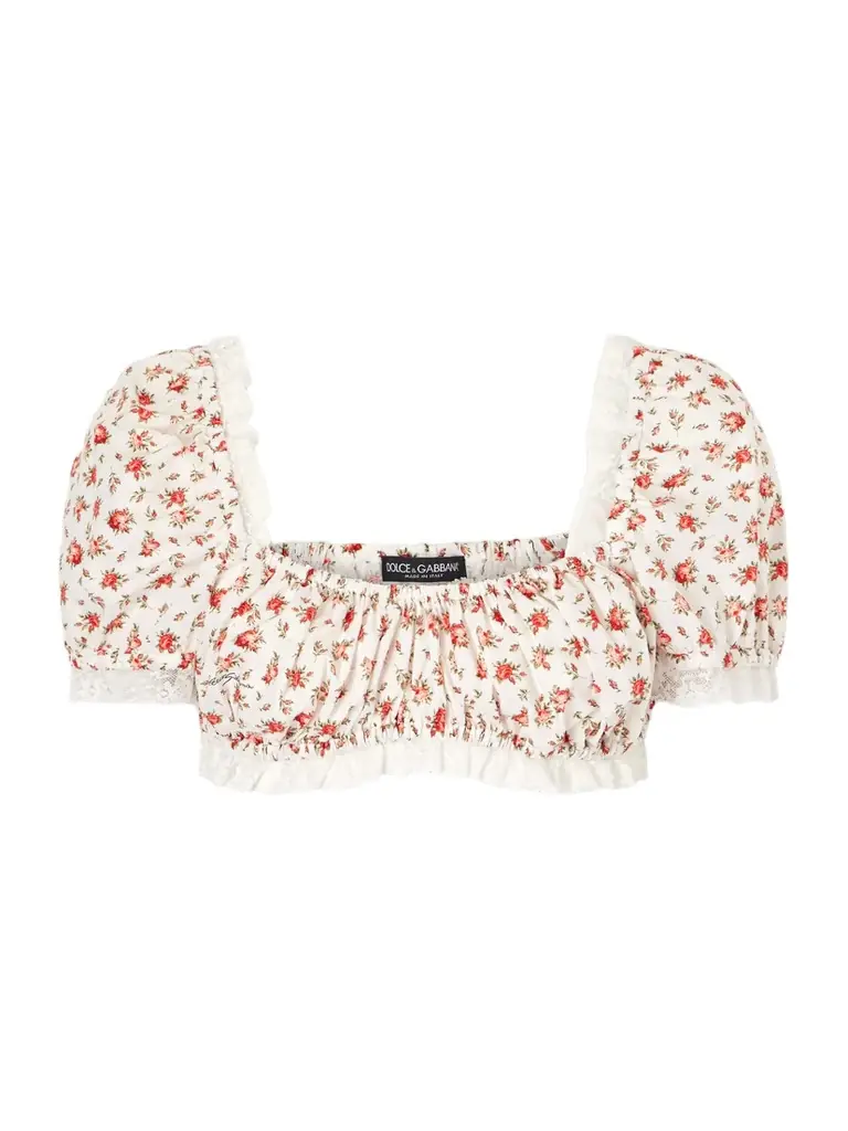 Dolce & Gabbana Cropped Printed Lace-trimmed Cotton-blend Poplin Top