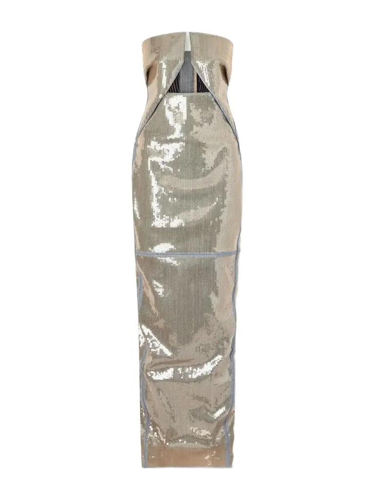 Rick Owens Strapless Cutout Sequined Denim Gown