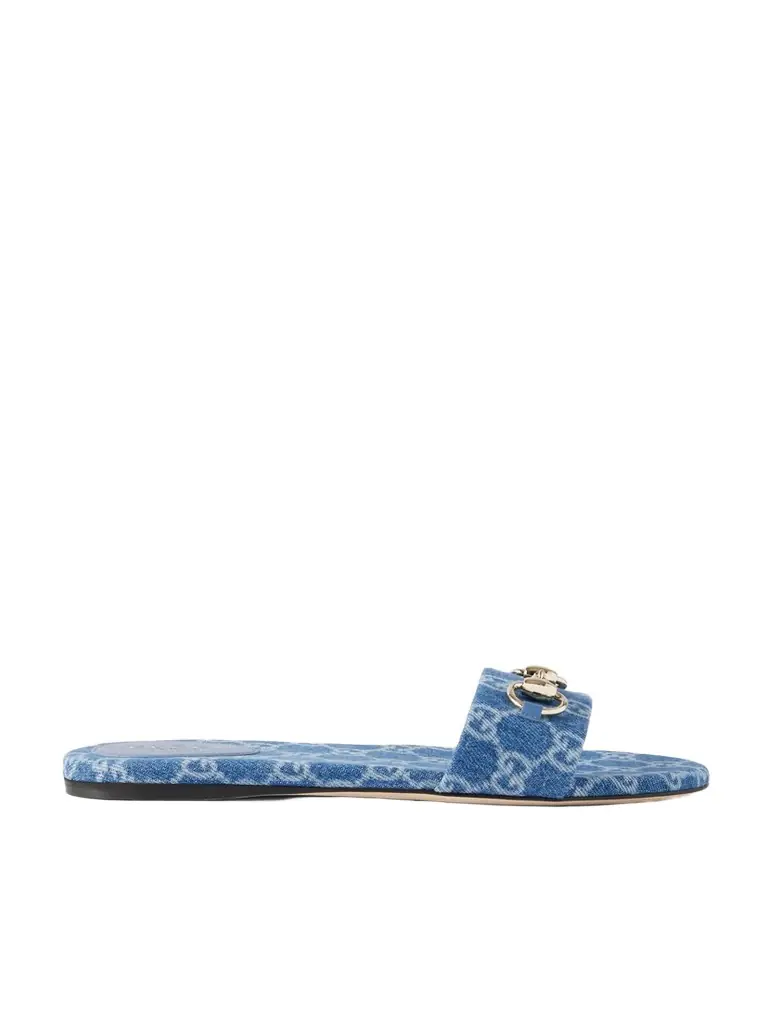 Gucci Horsebit-embellished Printed Denim Slides