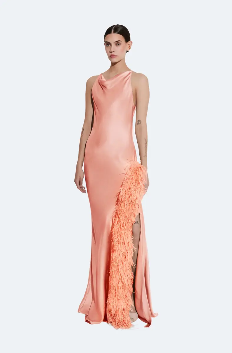 LAPOINTE Satin Halter Gown With Feathers