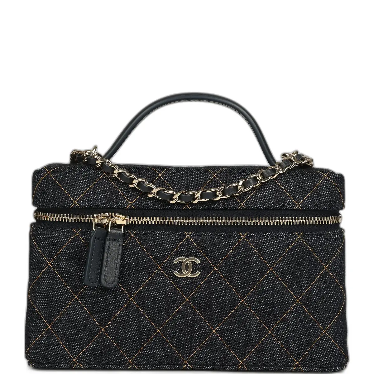 Chanel Chanel Top Handle Long Vanity Case with Chain Dark Blue Denim Light Gold Hardware