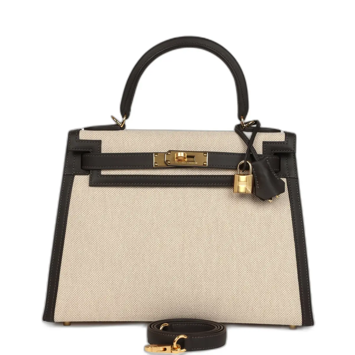 hermes Hermes Kelly Sellier 28 Bai Brun Swift and Ecru-Beige Toile H Canvas Gold Hardware