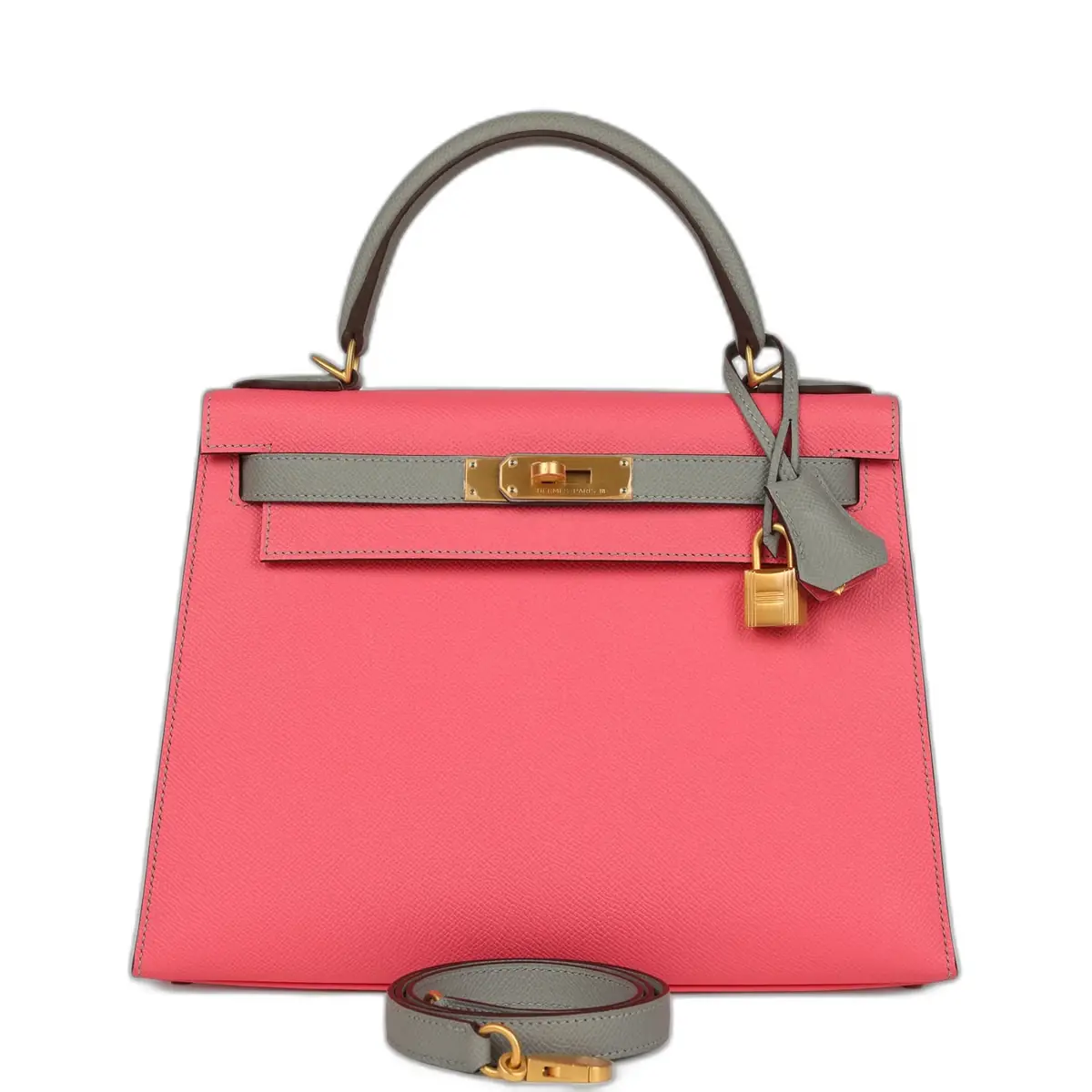 hermes Hermes Special Order (HSS) Kelly Sellier 28 Rose Azalee and Gris Mouette Epsom Brushed Gold Hardware