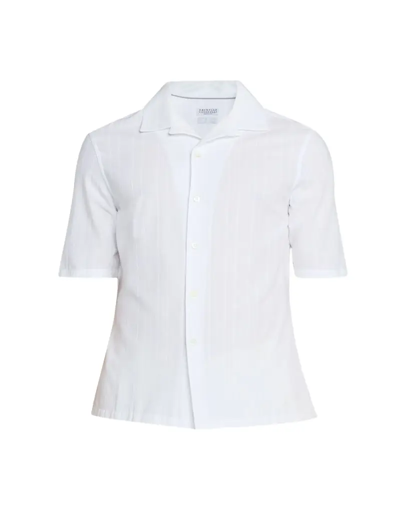 Brunello Cucinelli en's Linen Stripe Short-Sleeve Shirt