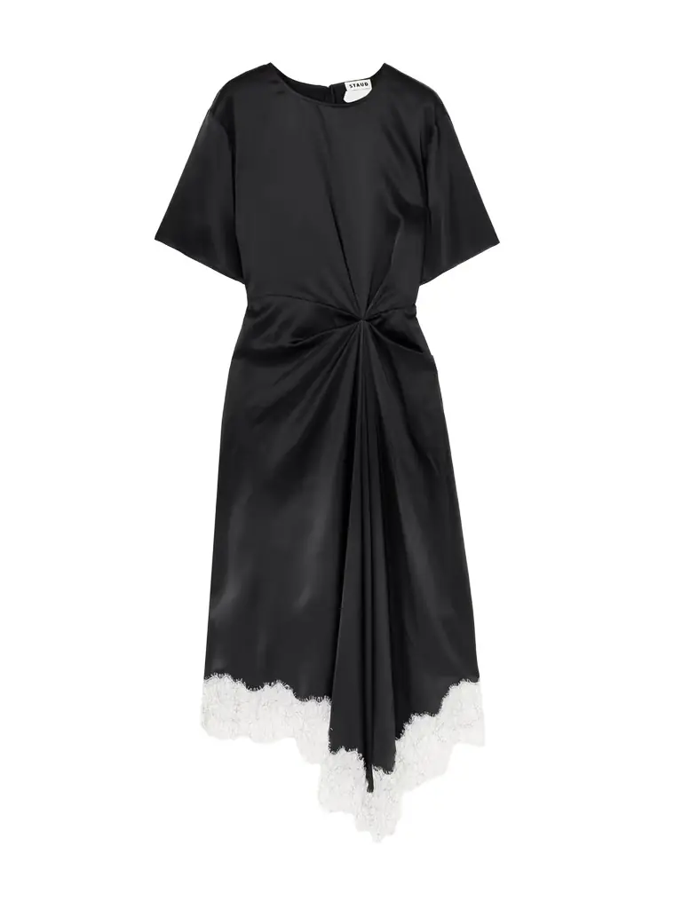 Staud Sonoma Asymmetric Gathered Lace-trimmed Silk-blend Satin Midi Dress