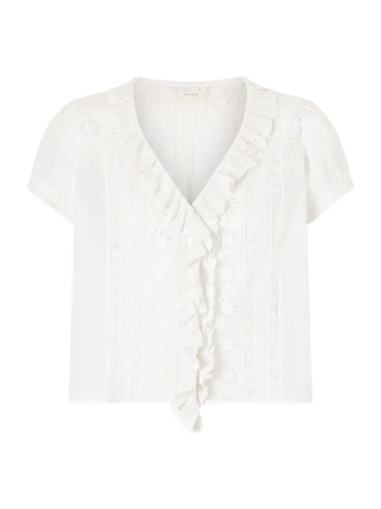 DÔEN Clairette Cropped Ruffled Lace-trimmed Organic Cotton-voile Top