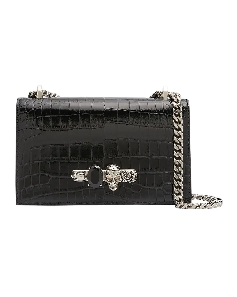 McQueen Shiny Croc-Embossed Jeweled Shoulder Bag