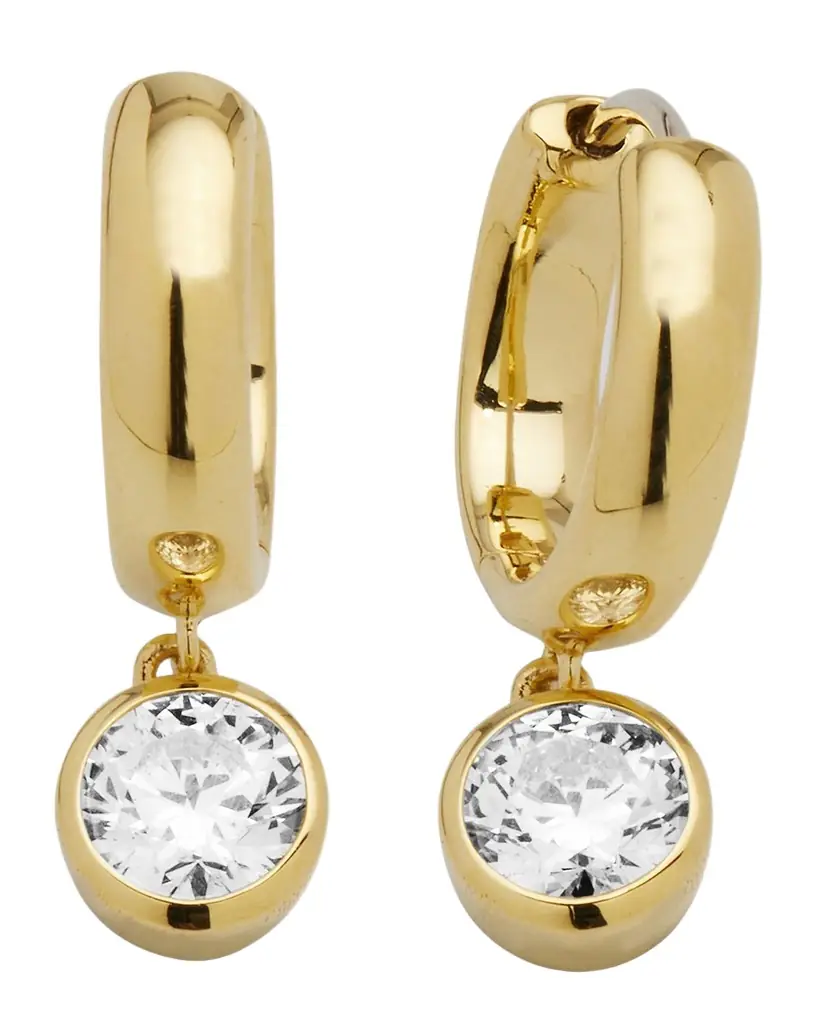 Neiman Marcus Diamonds 18K Yellow Gold Bezel Diamond Huggie Earrings, 1.00tcw, 0.8"L / 0.3"W