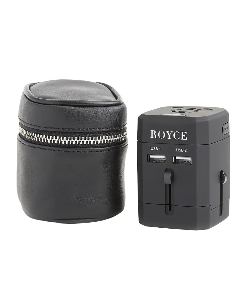 ROYCE New York International Travel Adapter & Monogrammed Leather Case Set