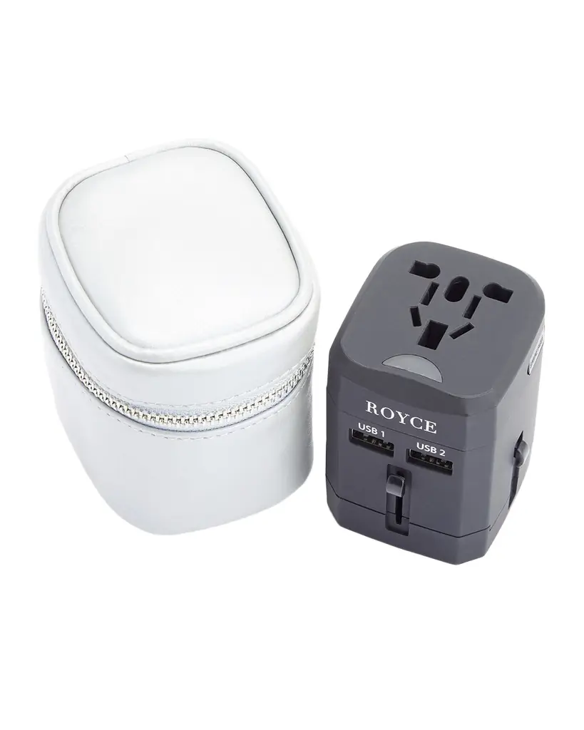 ROYCE New York International Travel Adapter & Monogrammed Leather Case Set